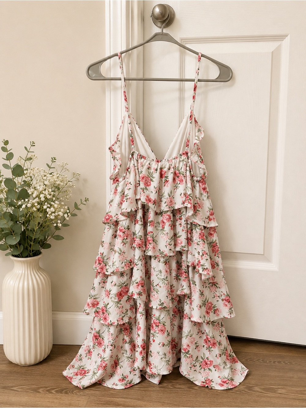 Altar'd State White Floral Tiered Ruffle Mini Dress - Pink Roses - Picture 2 of 2
